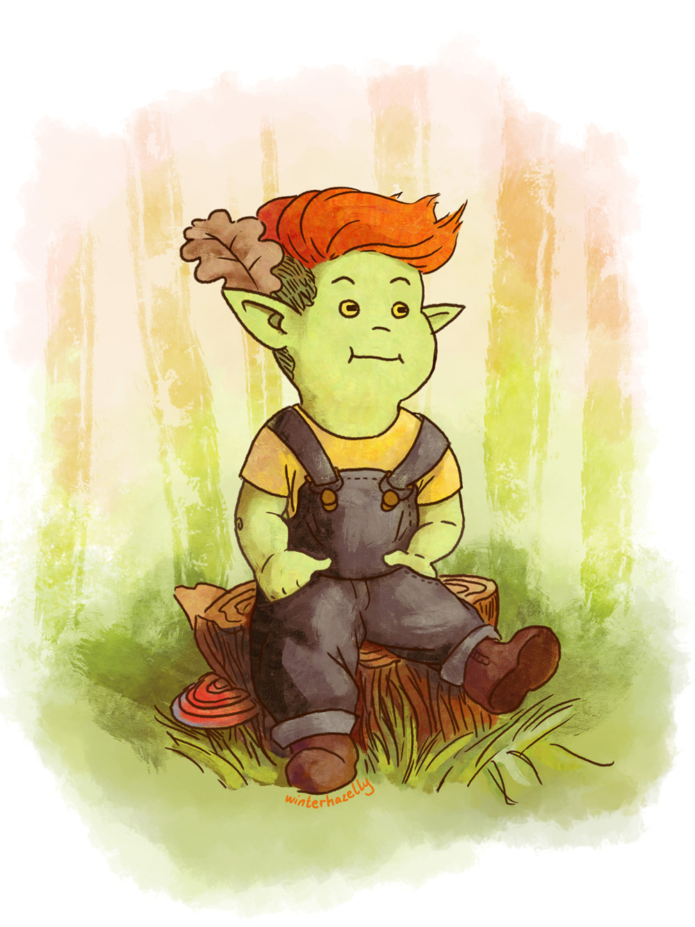 Drawing of a little green goblin in overalls, with a ginger undercut and a leaf behind their ear, sitting on a treestump and looking happy.